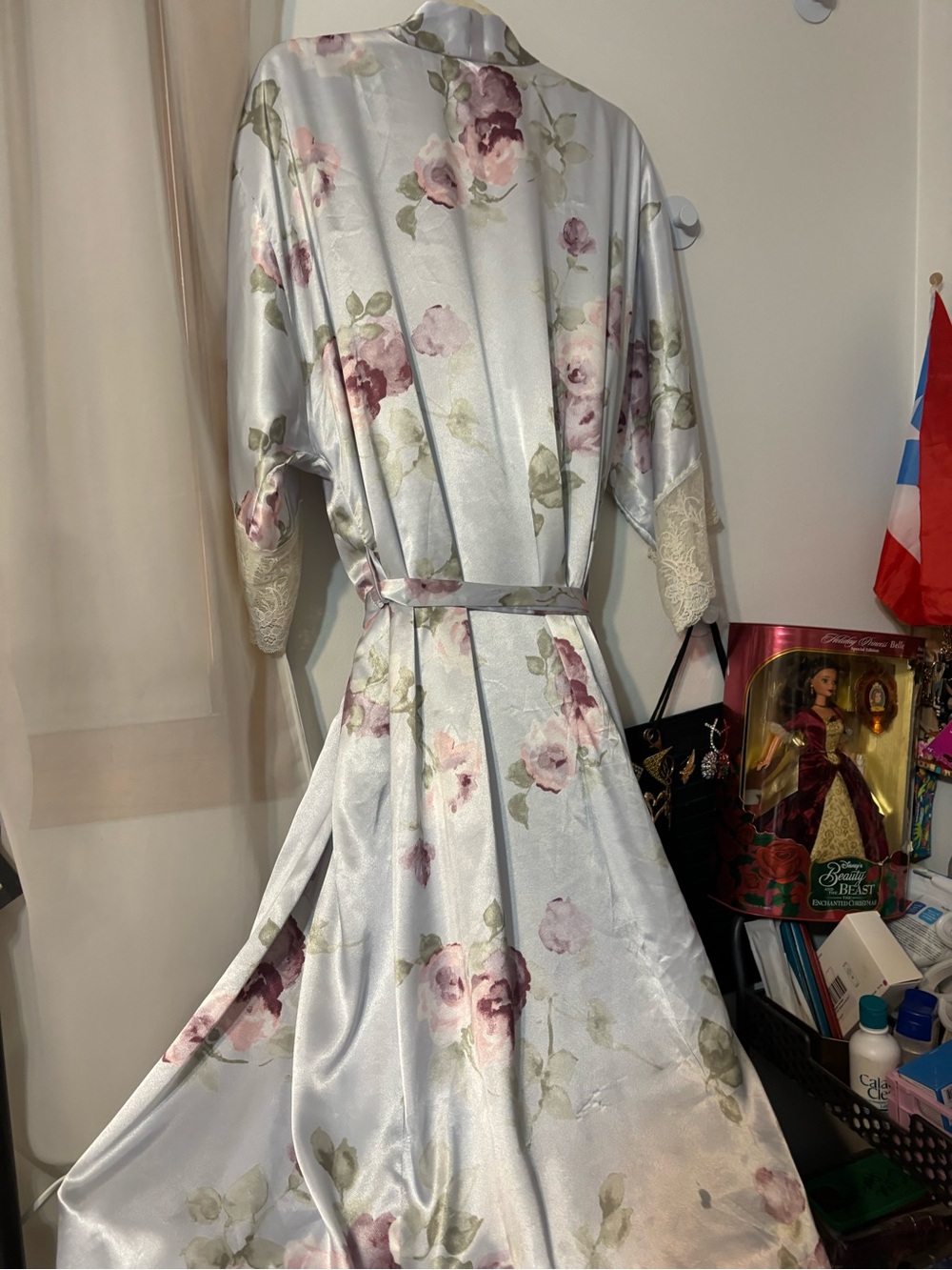 Vintage Satin Floral Kimono Robe in Pale Blue with Pink Roses